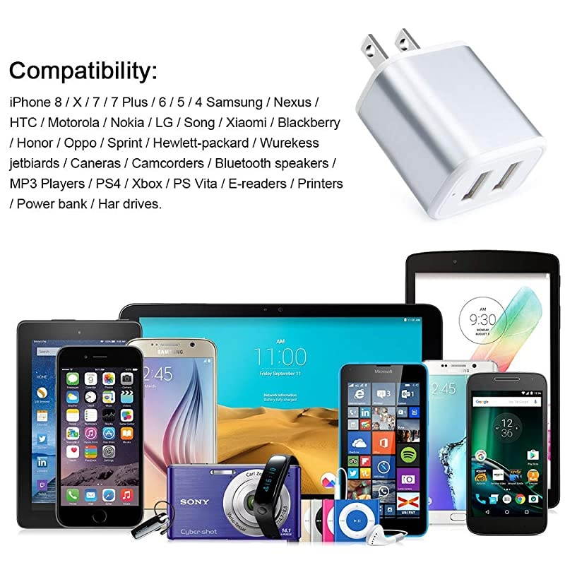 USB Wall Charger, USB Plug, Android Phone Charger, Charger Block 2.1A Dual Port Charging Cube Power Adapter with 6ft Micro USB Charger for Galaxy J7 J5 J3, Samsung S7/S6 Edge, LG stylo 2/3