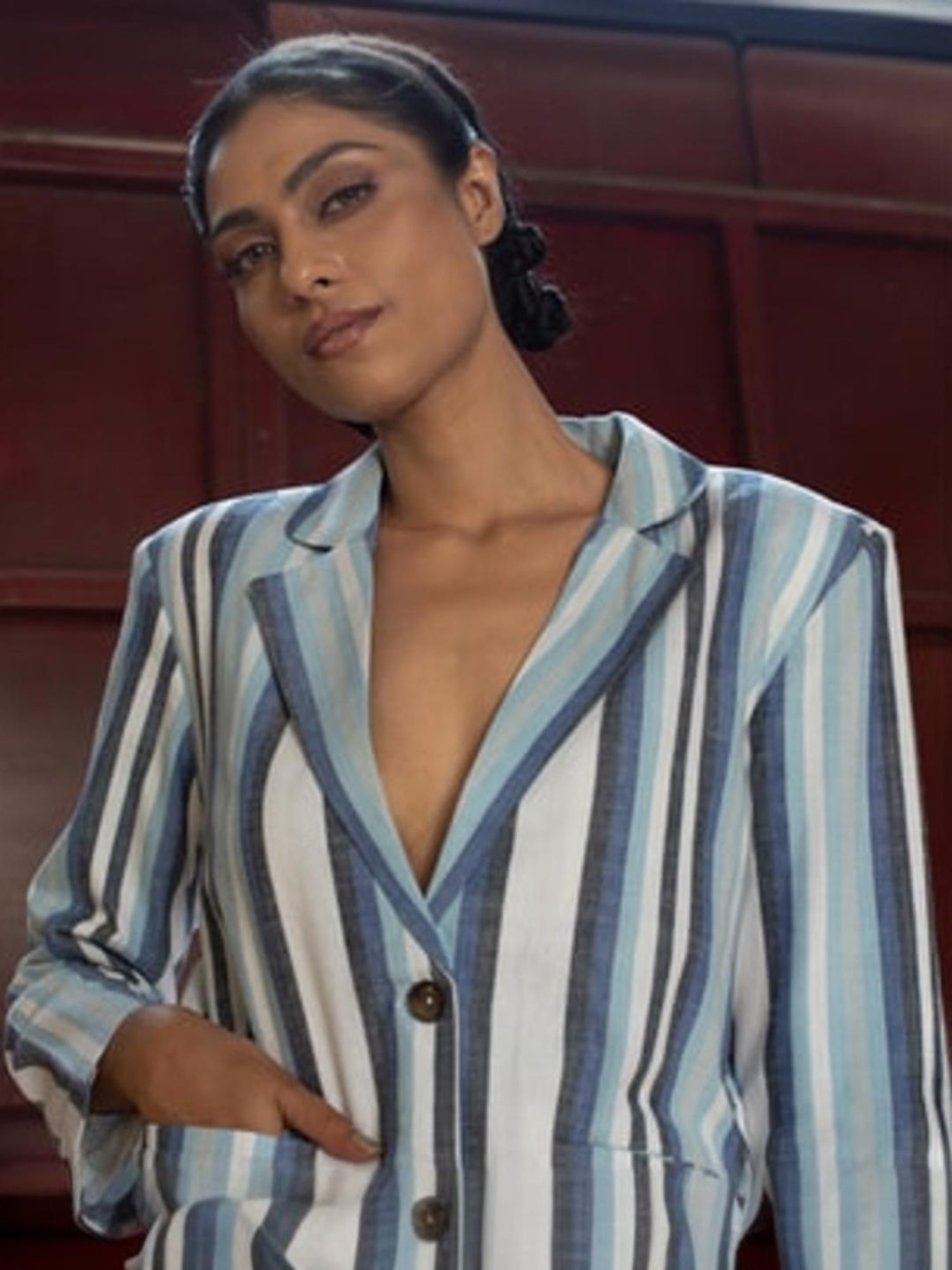 Anushe Pirani Blue & White Fika Belted Blazer