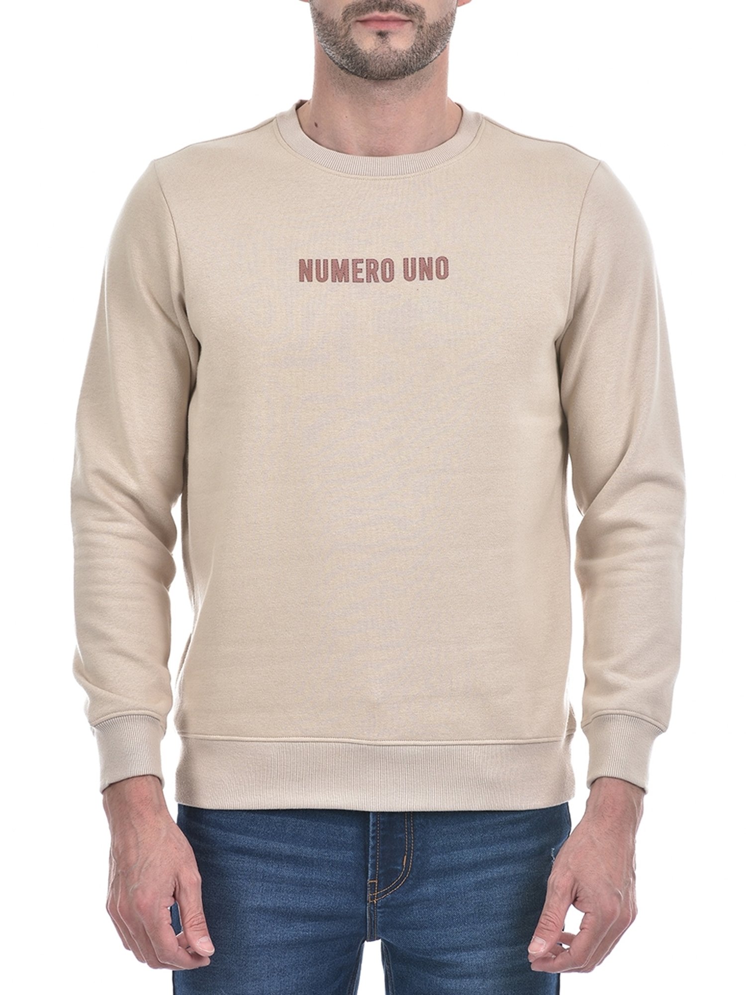 NUMERO UNO Beige Regular Fit Solid Round Neck Brushed Fleece Pullovers Sweatshirt