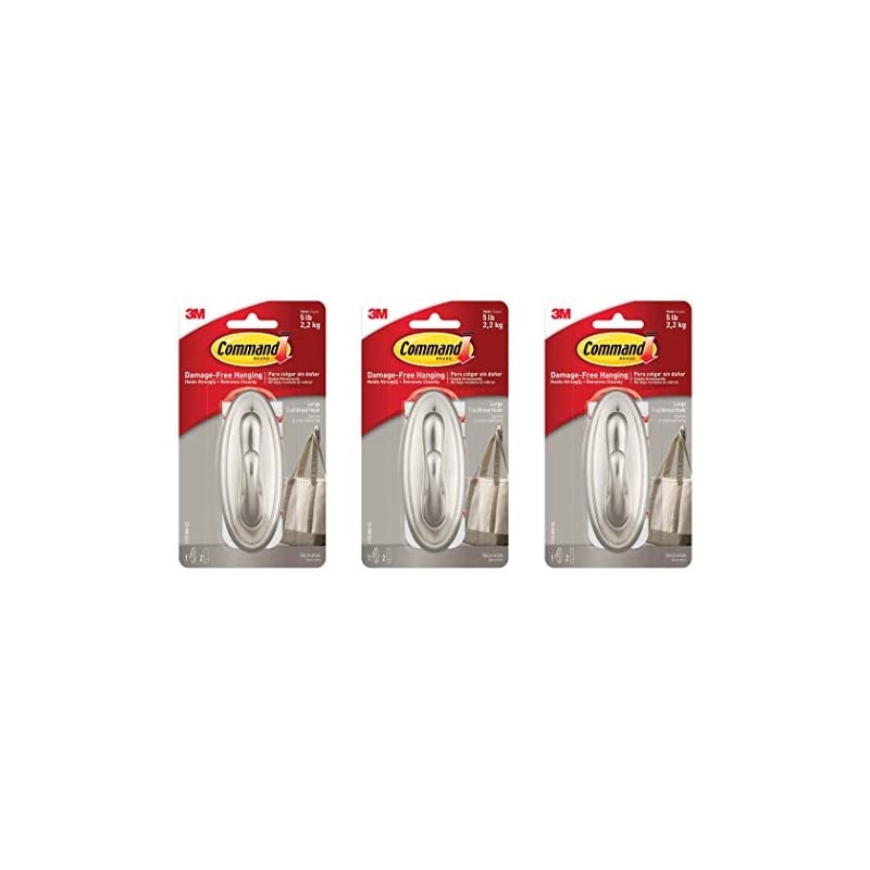 Large Traditional Hook, Brushed Nickel, Holds 5 lbs, 1 Hook, 2 Strips (17053BN-ES), 3 Pack