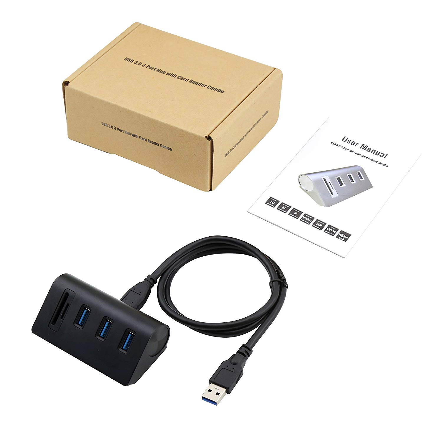Cateck USB 3.0 HUB, Bus-Powered USB 3.0 3-Port Aluminum Hub with 2-Slots Card Reader Combo for iMac, MacBook Air, MacBook Pro, MacBook, Mac Mini, PCs, and Laptops, Black