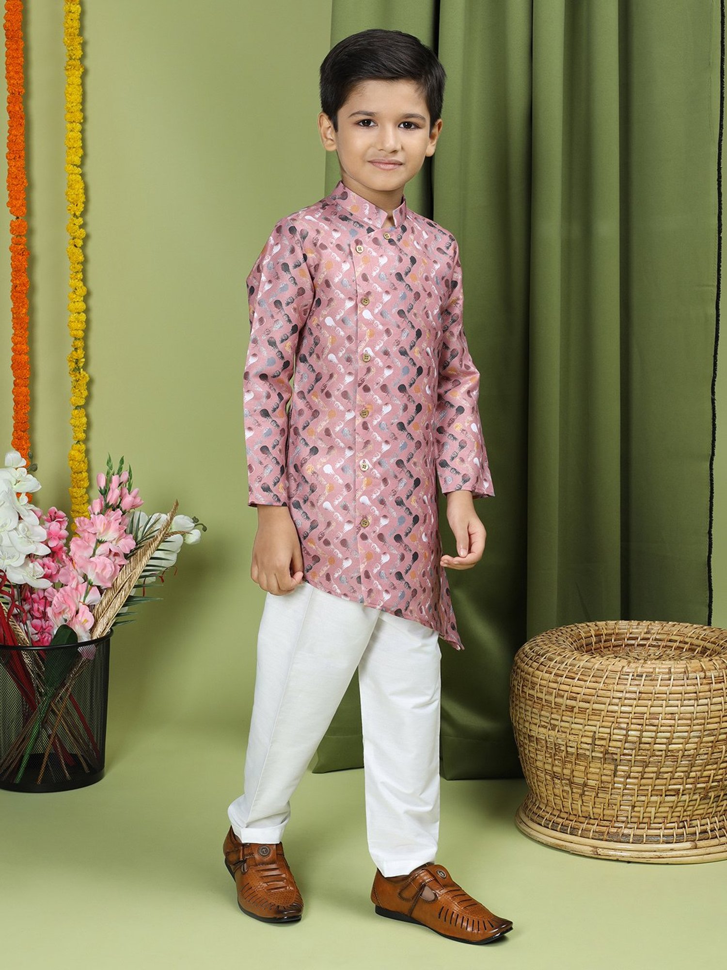 TABARD Kids Dusty Pink Printed Full Sleeves Kurta