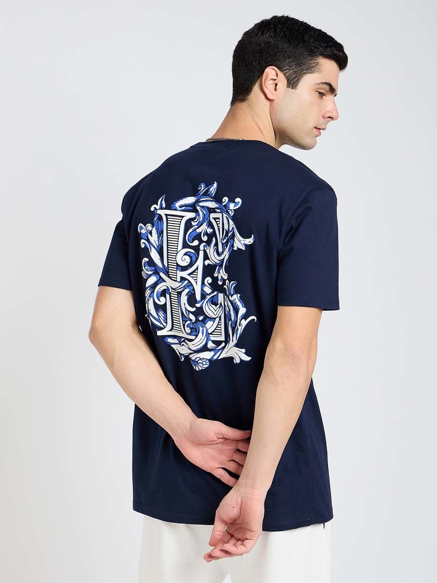 EDRIO Navy Regular Fit Graphic Print Crew T-Shirt