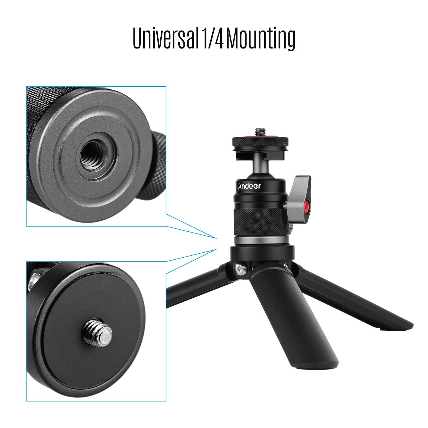 Andoer Mini Cold Shoe Ball Head Tripod with 1/4 Screw and Cold Shoe Dual Use Aluminum Alloy Compatible with DSLR SLR Action Camera Flash Light Phone Holder