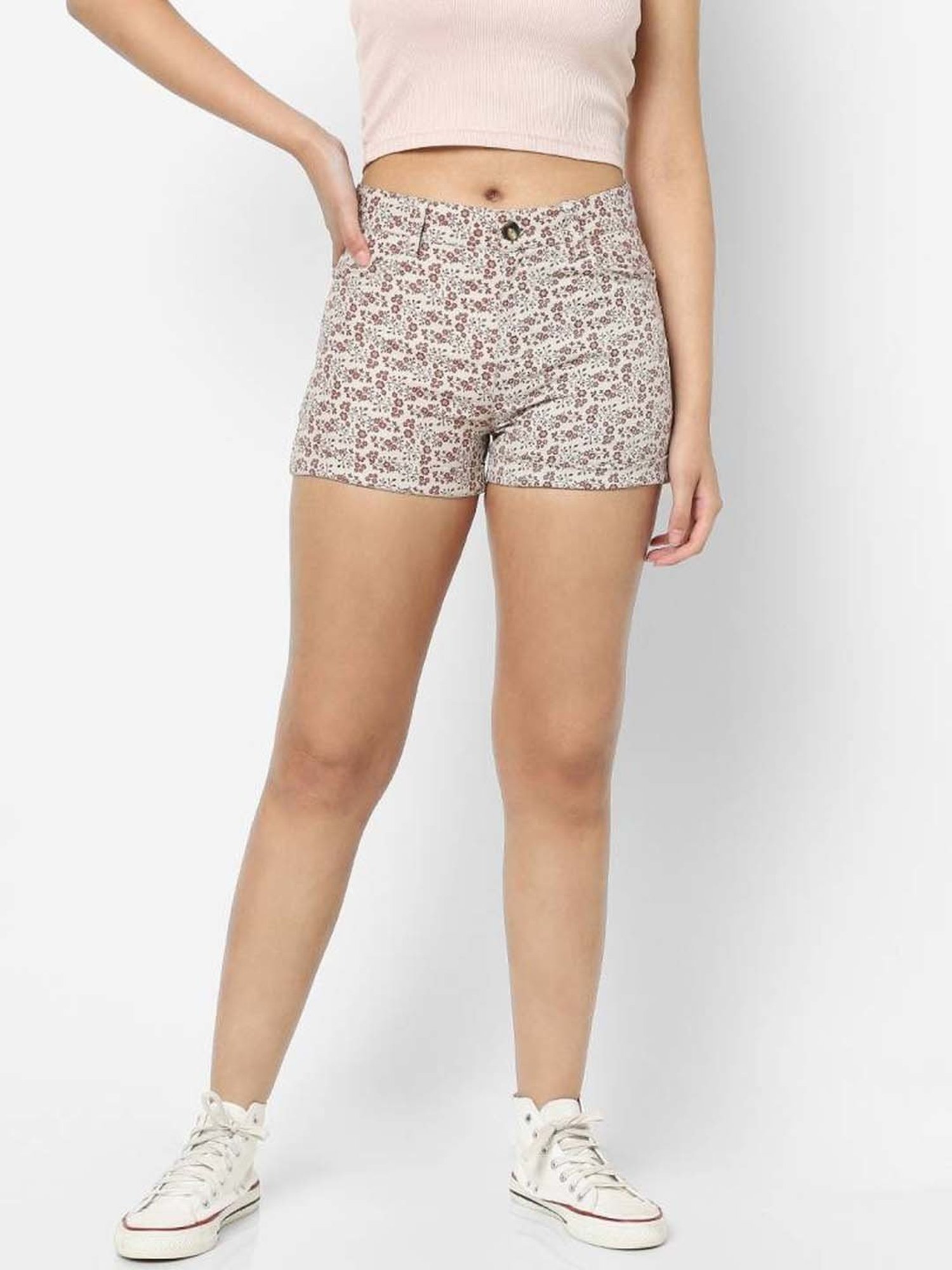 VASTRADO Beige Cotton Floral Print Shorts