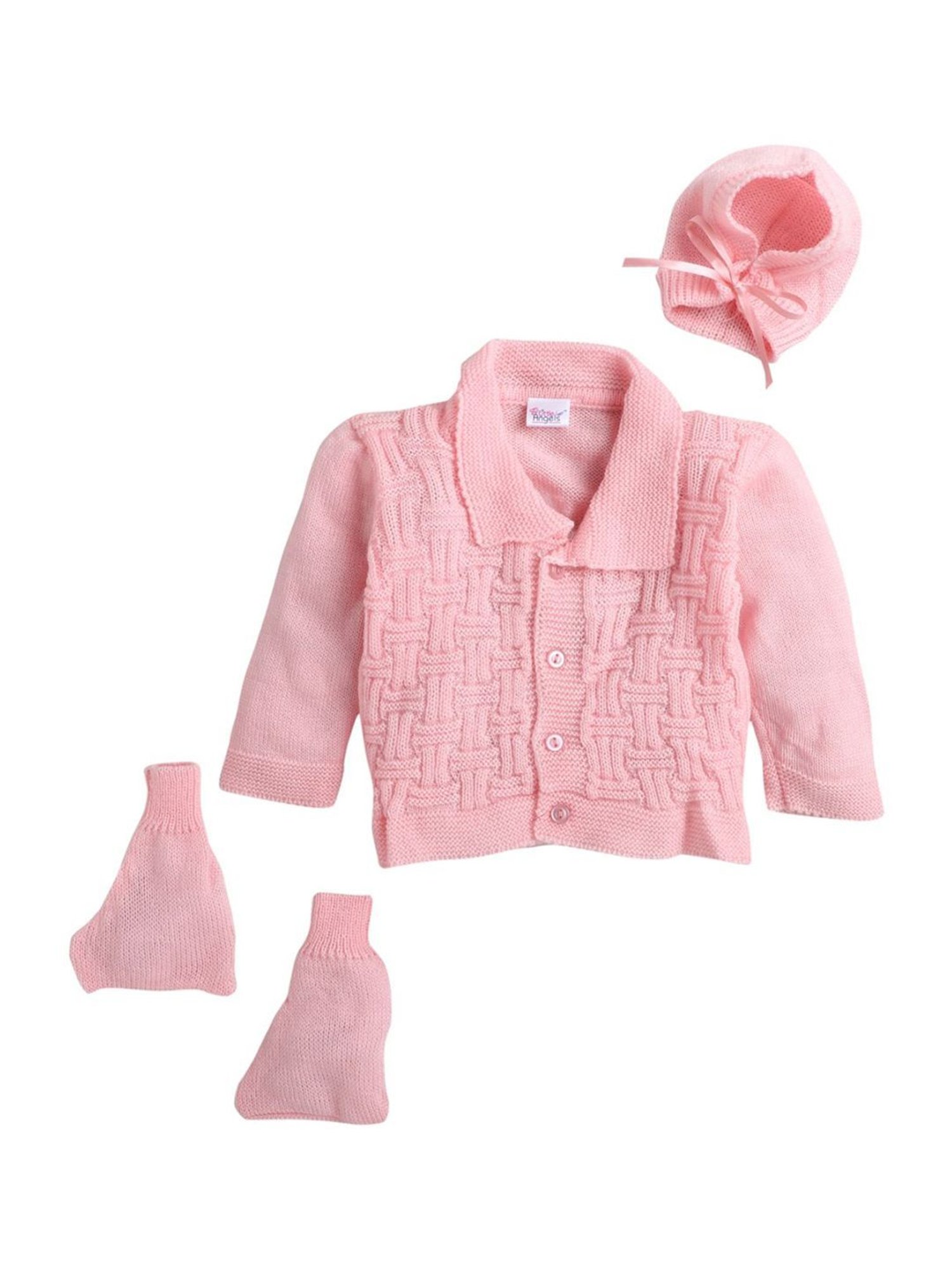 Little Angels Kids Pink Textured Pattern Full Sleeves Sweater Set