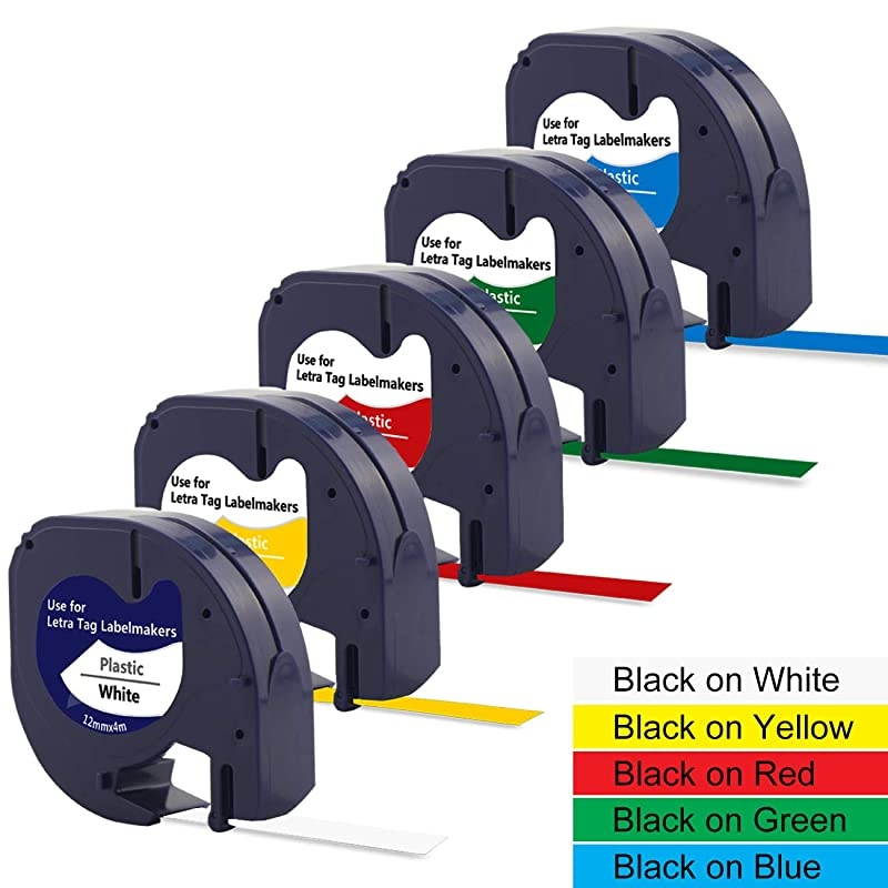 Label Tape Replacement for DYMO LetraTag Refills Plastic Label Tape 91331 91332 91333 91334 91335 for DYMO LetraTag LT-100H LT-100T QX50, 1/2 Inch x 13 Feet(12mm x 4m), 5-Pack