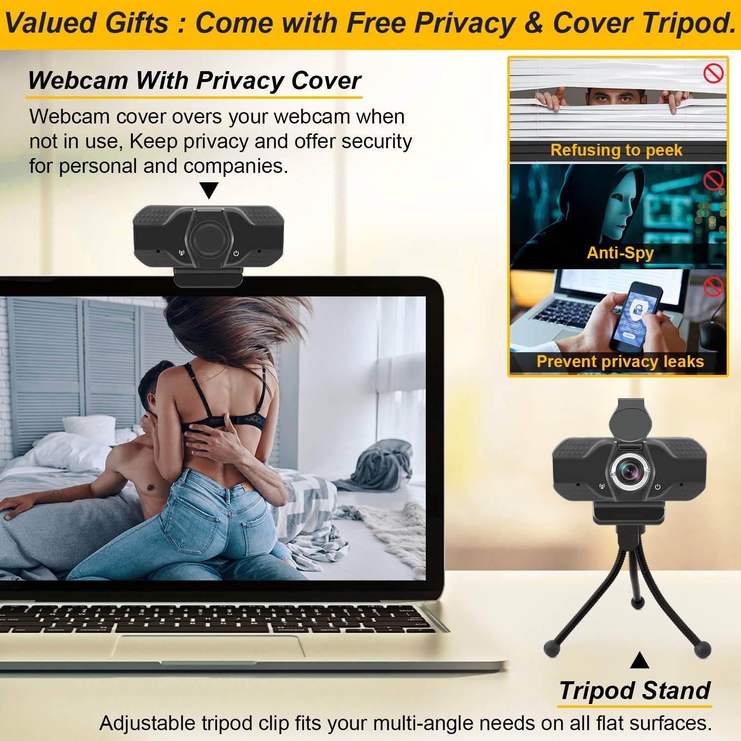 Webcam with Microphone for Desktop, Full HD 1080P Web Camera with Privacy Cover and Tripod, Plug and Play USB Computer Web Cam for Video Calling Gaming Recording Conferencing