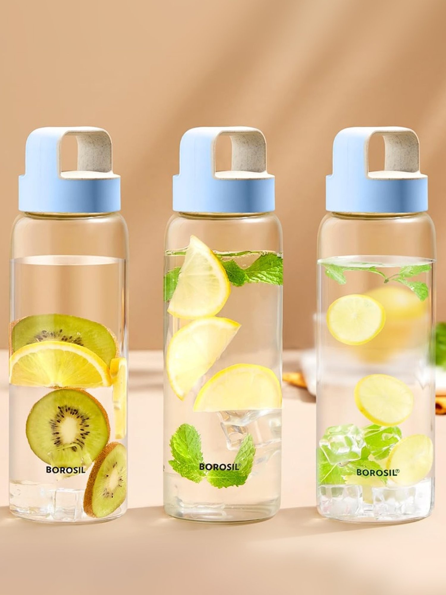 Borosil Water Bottle with Leakproof & Easy to Carry Set of 3 (Transparent, 750 ml)