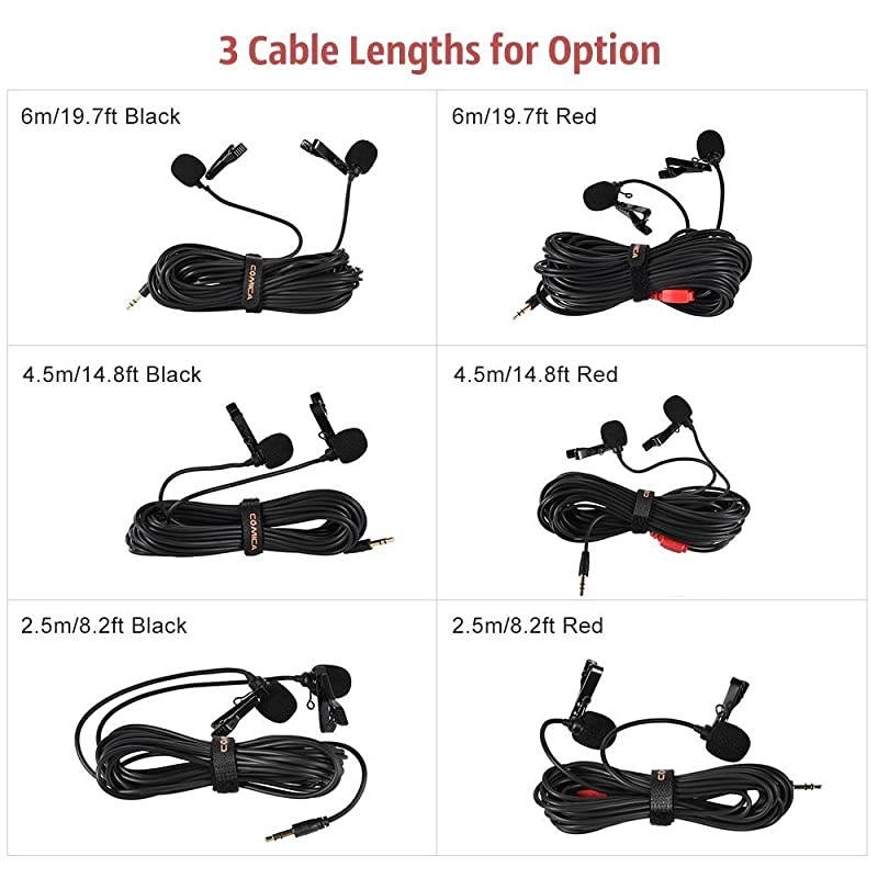 CVMD02 Dual Lavalier MicrophonesOmnidirectional Condenser Handsfree Clipon Lapel Mic with 35mm TRS ConnectorLav mic for CameraDSLRiPhoneAndroidHuaweiSonyPC LaptopBlack25meters