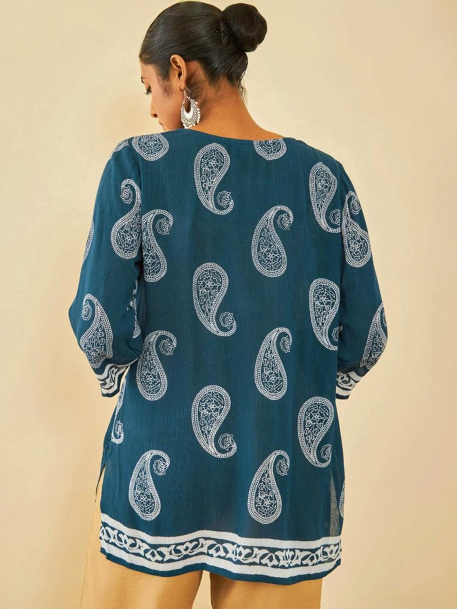 Soch Blue Crepe Paisley Printed Tunic With Tassels
