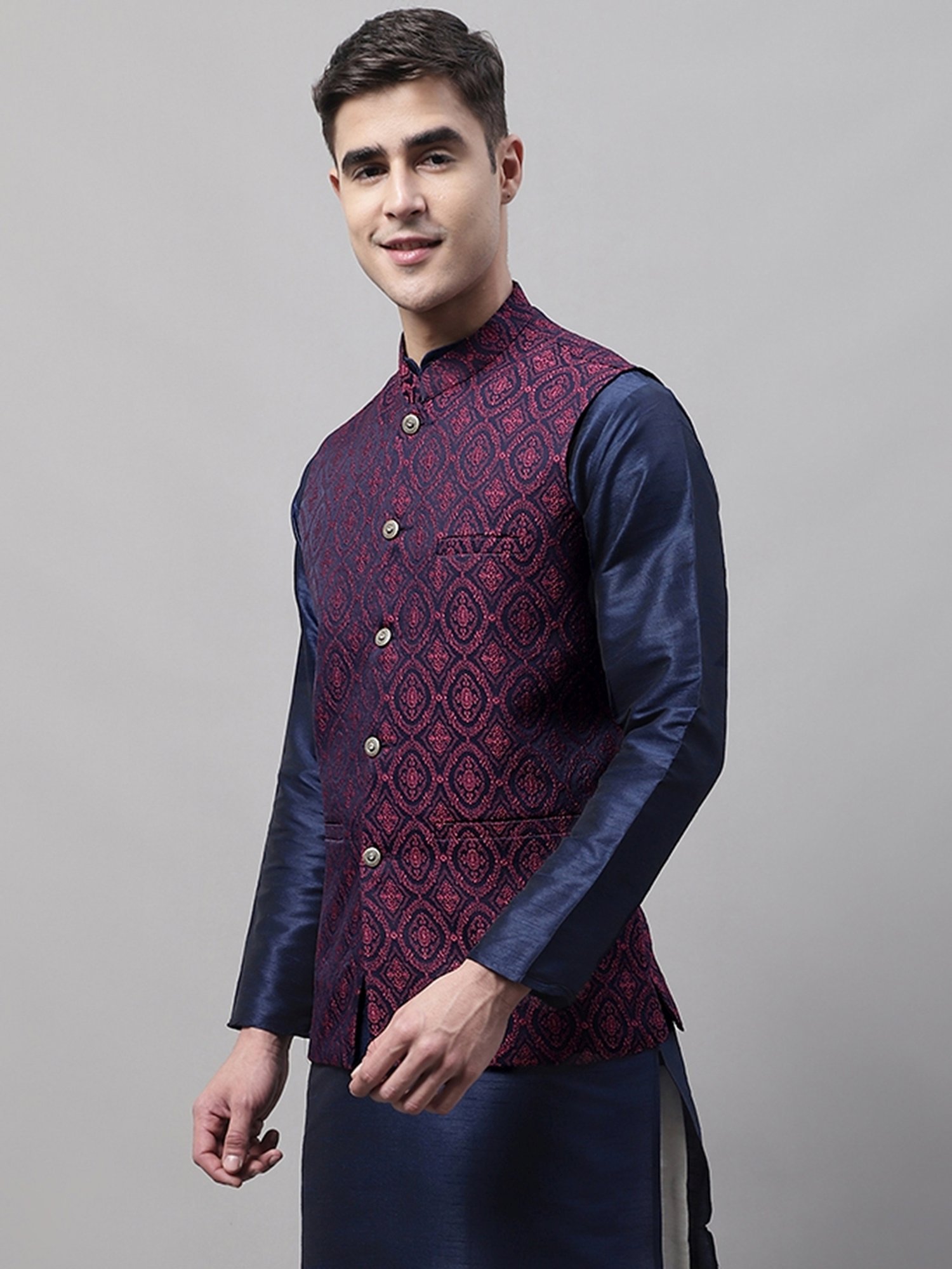 Jompers Maroon Regular Fit Embroidered Nehru Jackets