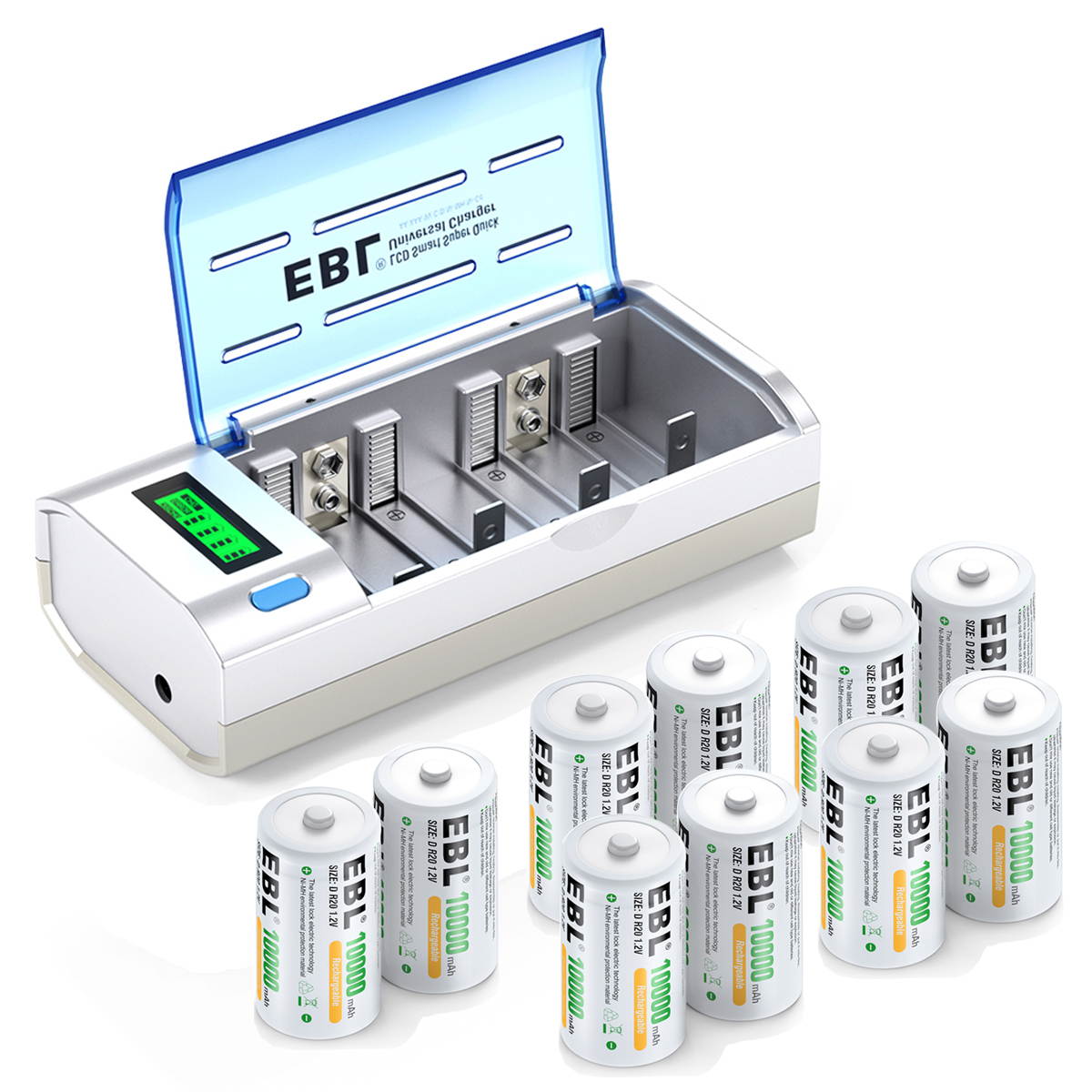 EBL 2Pcs D Cells 10000mAh Rechargeable Batteries with C D 9V AA AAA Battery Charger