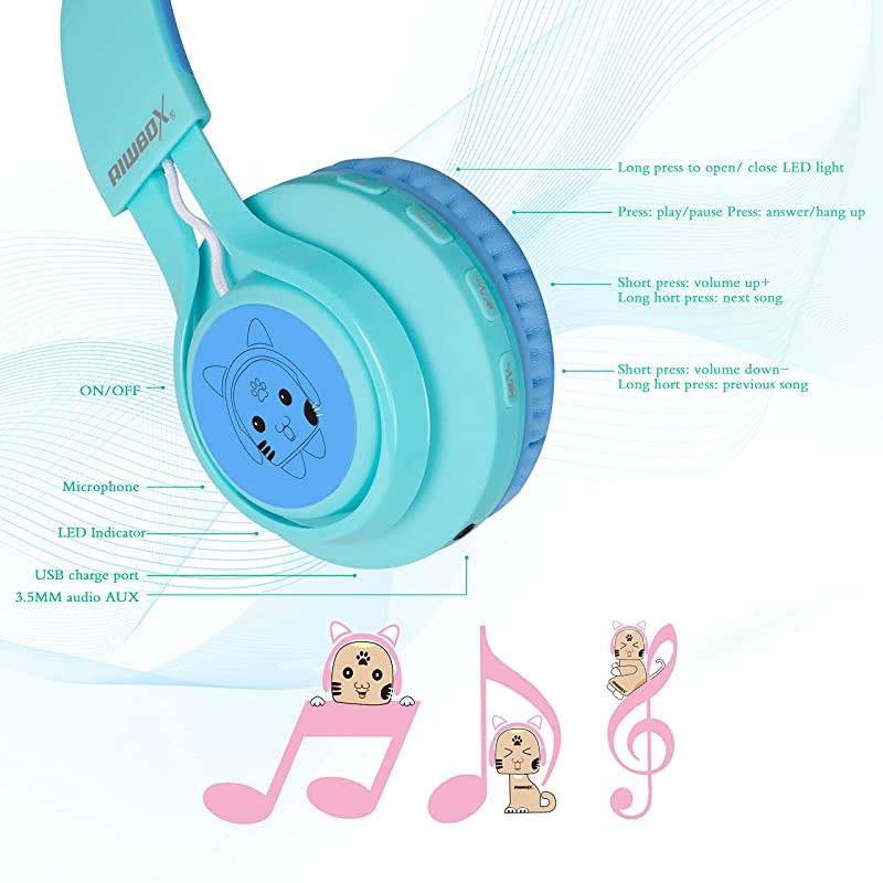 Kids Headphones,  CT-7S Cat Ear Bluetooth Headphones 85dB Volume Limiting,LED Light Up Kids Wireless Headphones Over Ear with Microphone for iPhone/iPad/Kindle/Laptop/PC/TV(Blue&Green)