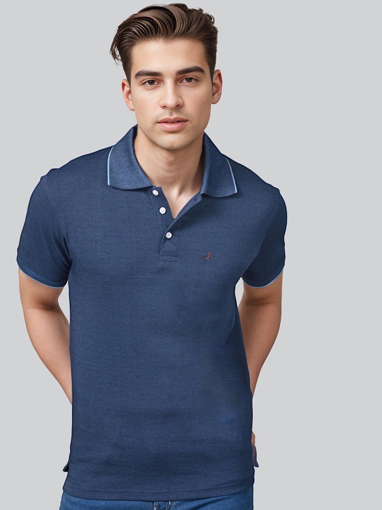 Lux Nitro Denim Blue Cotton Regular Fit Texture Polo T-Shirt