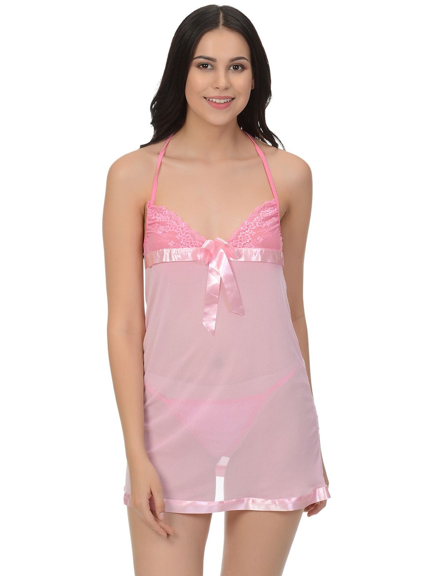 Mod & Shy Pink Lace Babydoll With G String