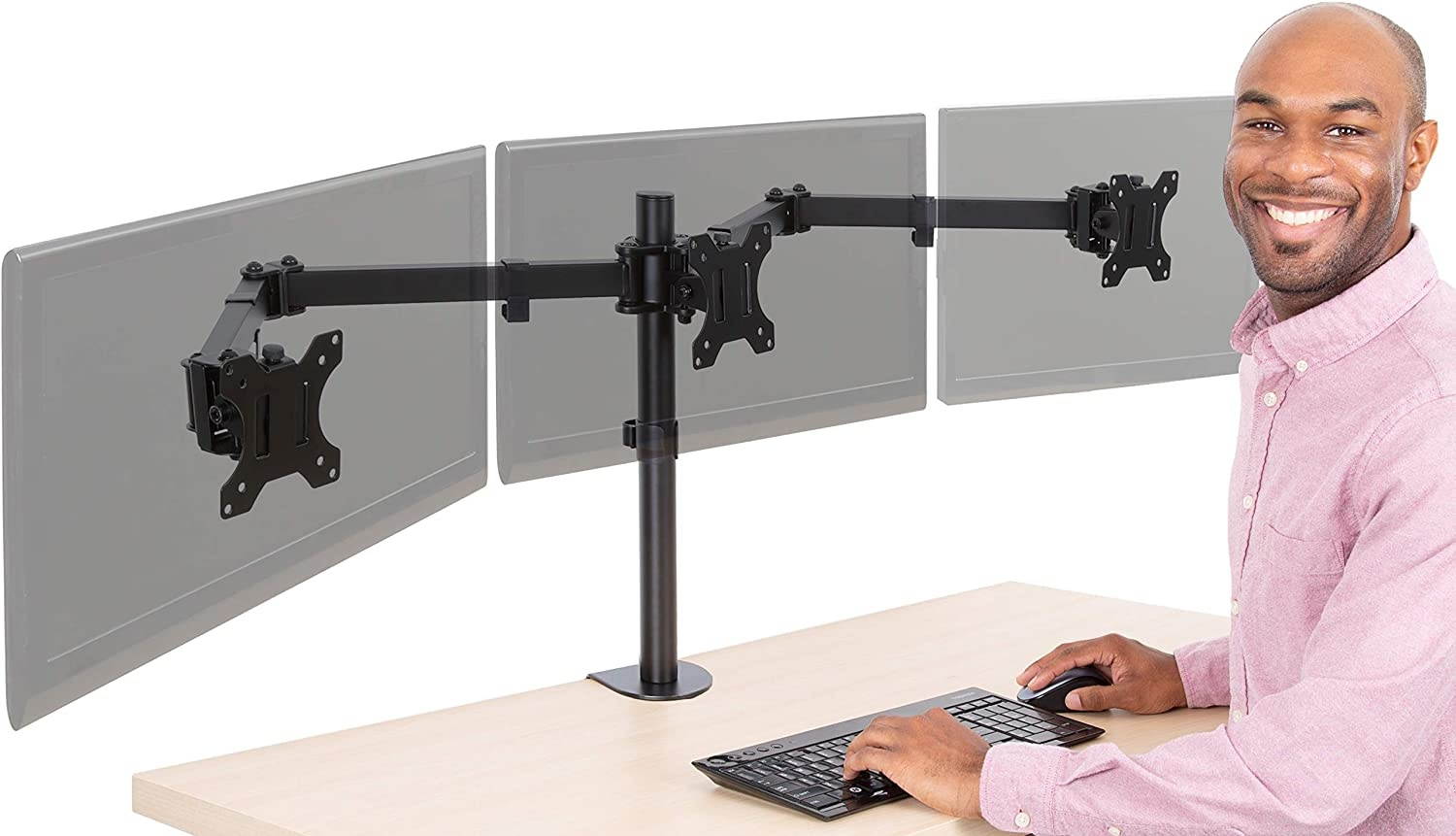 3 Monitor Mount Desk Stand | Height Adjustable Triple Horizontal Monitor Arm with Desk Clamp| Full Articulation VESA Mount Fits Most LCD/LED Monitors 13-26 in. (3 Arm Horizontal Clamp)