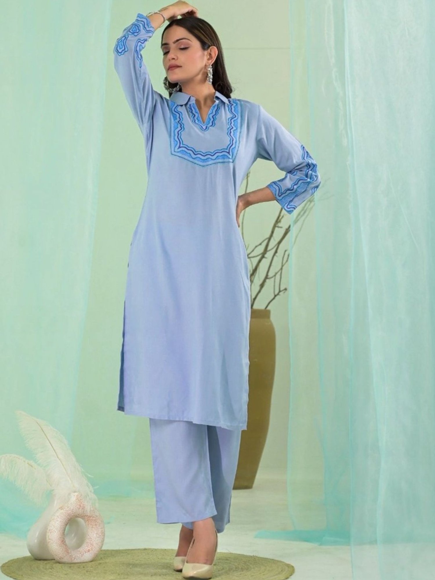 Autumnlane Blue Vartika Sky Embroidered Kurta with Pant