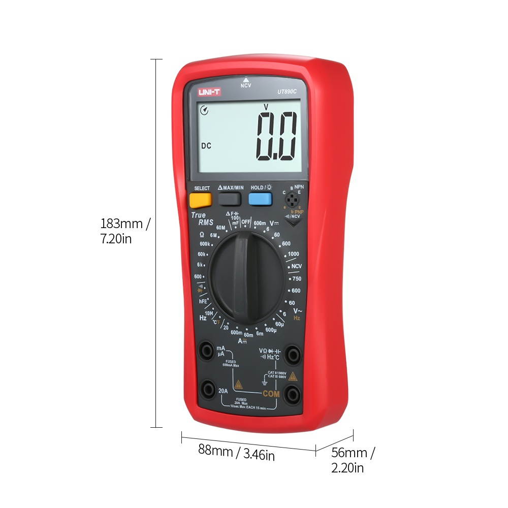 UNI-T UT890C Digital Multimeter True RMS Handheld Mini Universal Meter AC DC Voltmeter Ammeter High Accuracy Measure AC/DC Voltage Current Resistance Capacitance Frequency Temperature Diode Tester