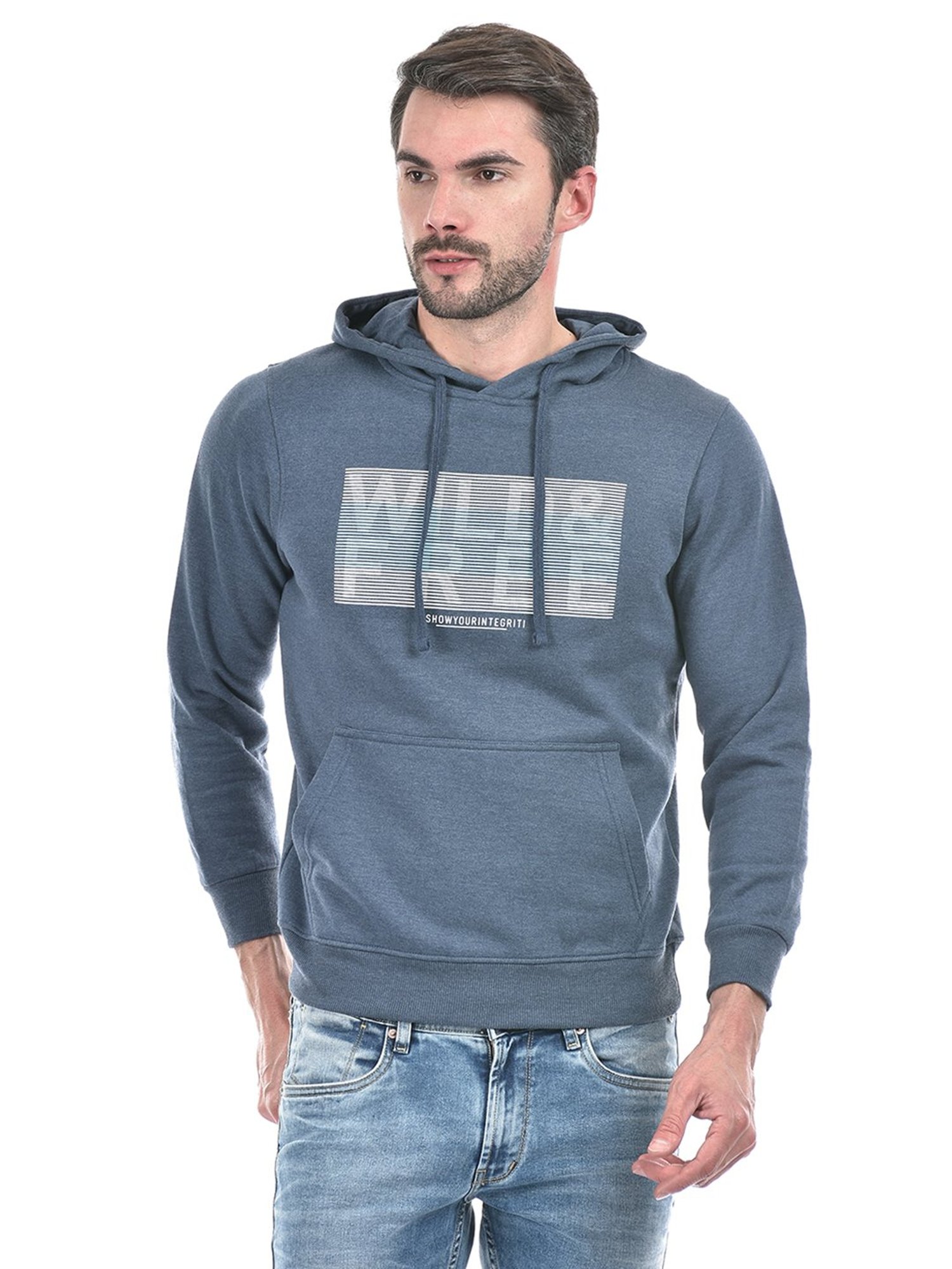Integriti Denim Blue Regular Fit Graphic Print Hooded Sweatshirt
