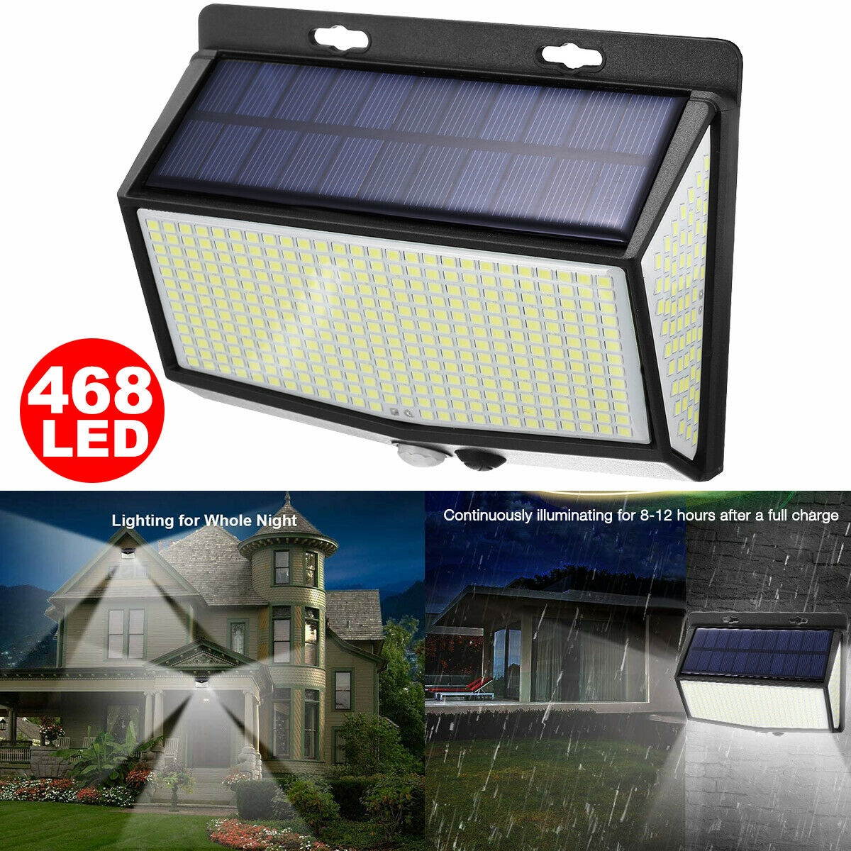 Updated 468 LED Solar Power Wall Light PIR Motion Sensor Outdoor Waterproof Lamp