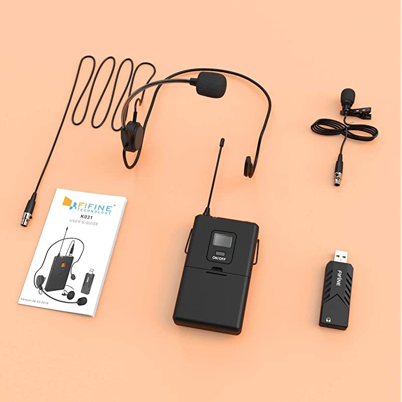 Wireless Microphones for Computer USB Wireless Microphone System for PC and MacHeadset UHF Wireless System with USB ReceiverTransmitterHeadset and Clip Lavalier Lapel MicK031B