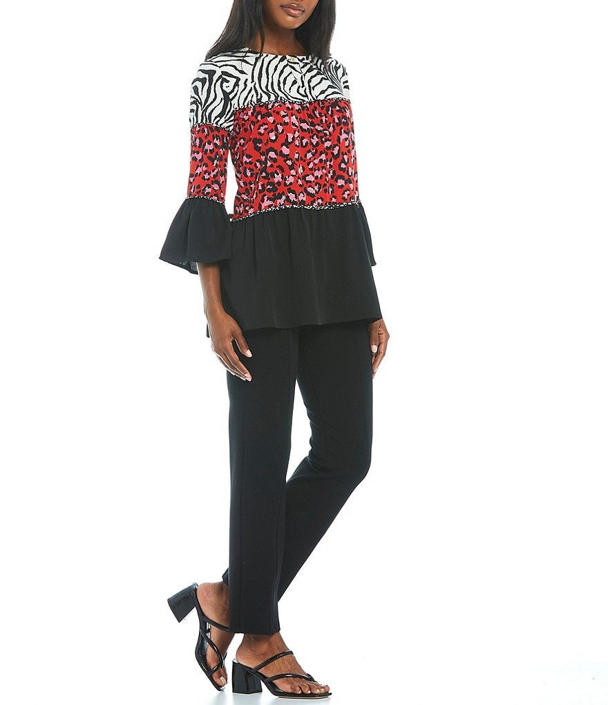 Calessa Jewel Neck Tiered Patchwork Animal Print Tunic