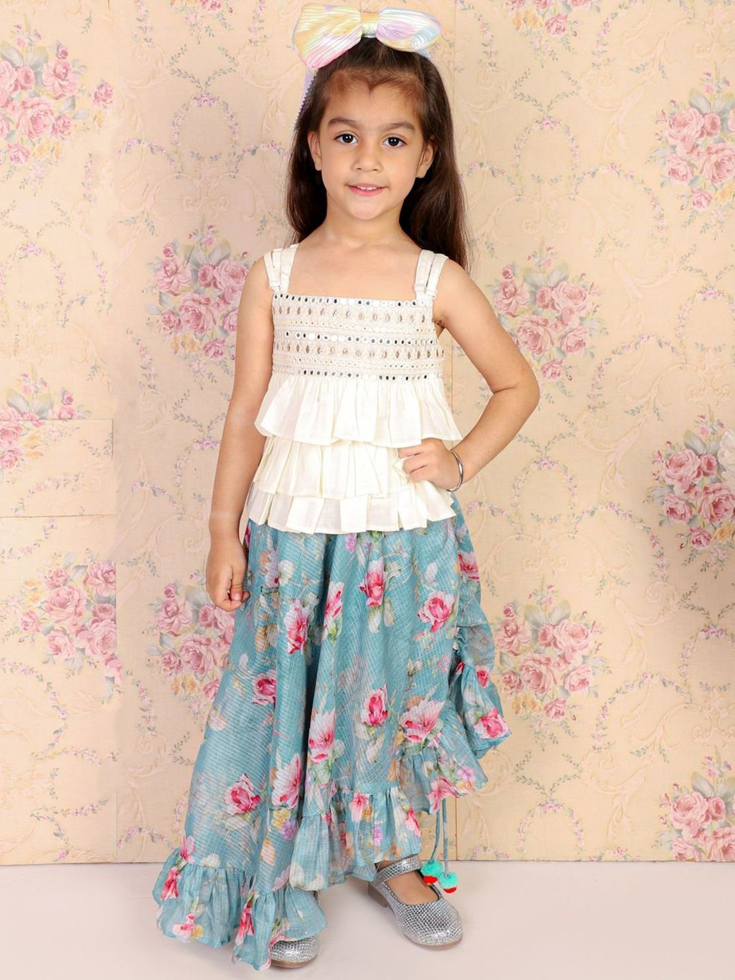 TWISHA Kids Off-White & Blue Embroidered Top Set