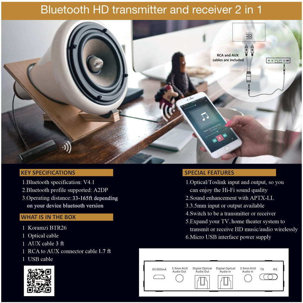 Bluetooth HD Transmitter and Receiver 2 in 1 , Sound Enhancements with APTX Low Latency (Black)KORAMZI BTR26