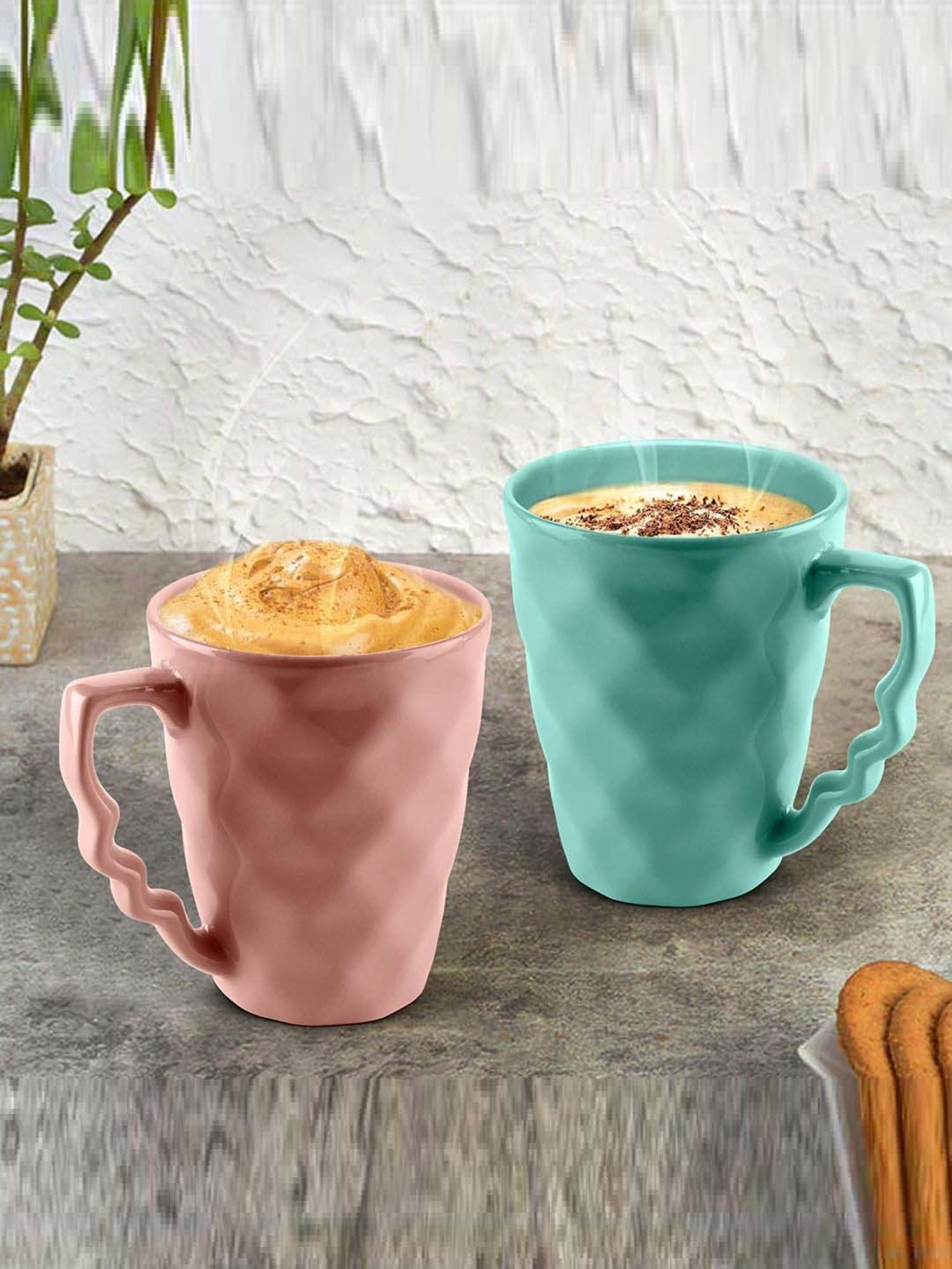 Urban Chef Pink & Blue Ceramic Microwave Safe Coffee Mug With Handle (0.225 L) - Set of 2