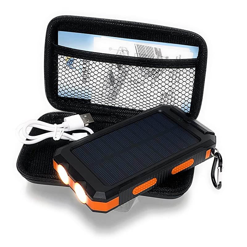 Solar Cell Phone Charger, USB Solar Battery Charger, Solar Battery Pack, Battery Backup Portable Power for with Protective Carry Case. 2 USB charging ports. Charging cord included.