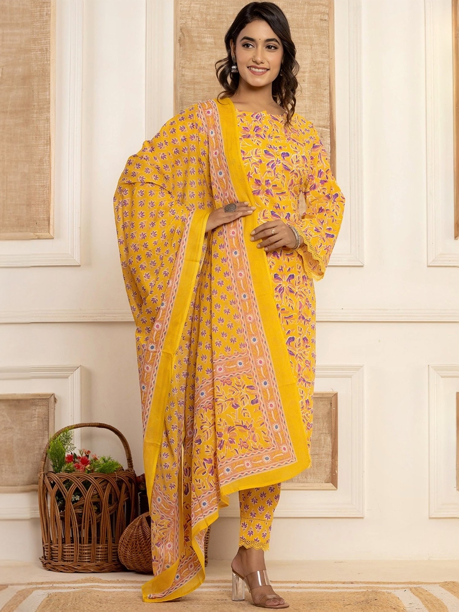 Yufta Yellow Cotton Printed Kurta Pant Set With Dupatta