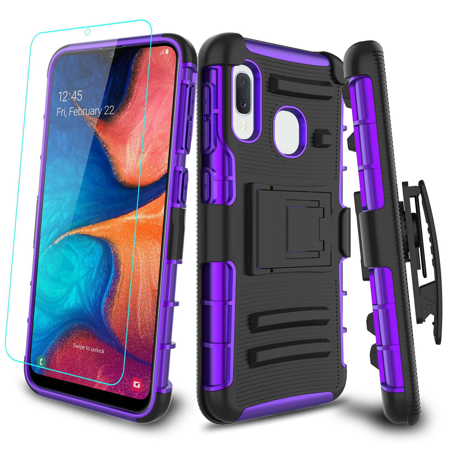For  Galaxy A10e A20 Case Kickstand Belt Clip ,Tempered Screen Protector