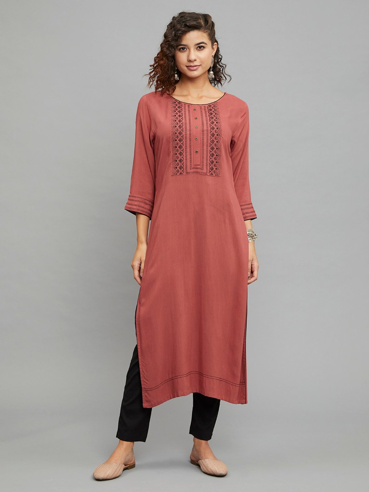paislei Light Brown Embroidered A Line Kurta