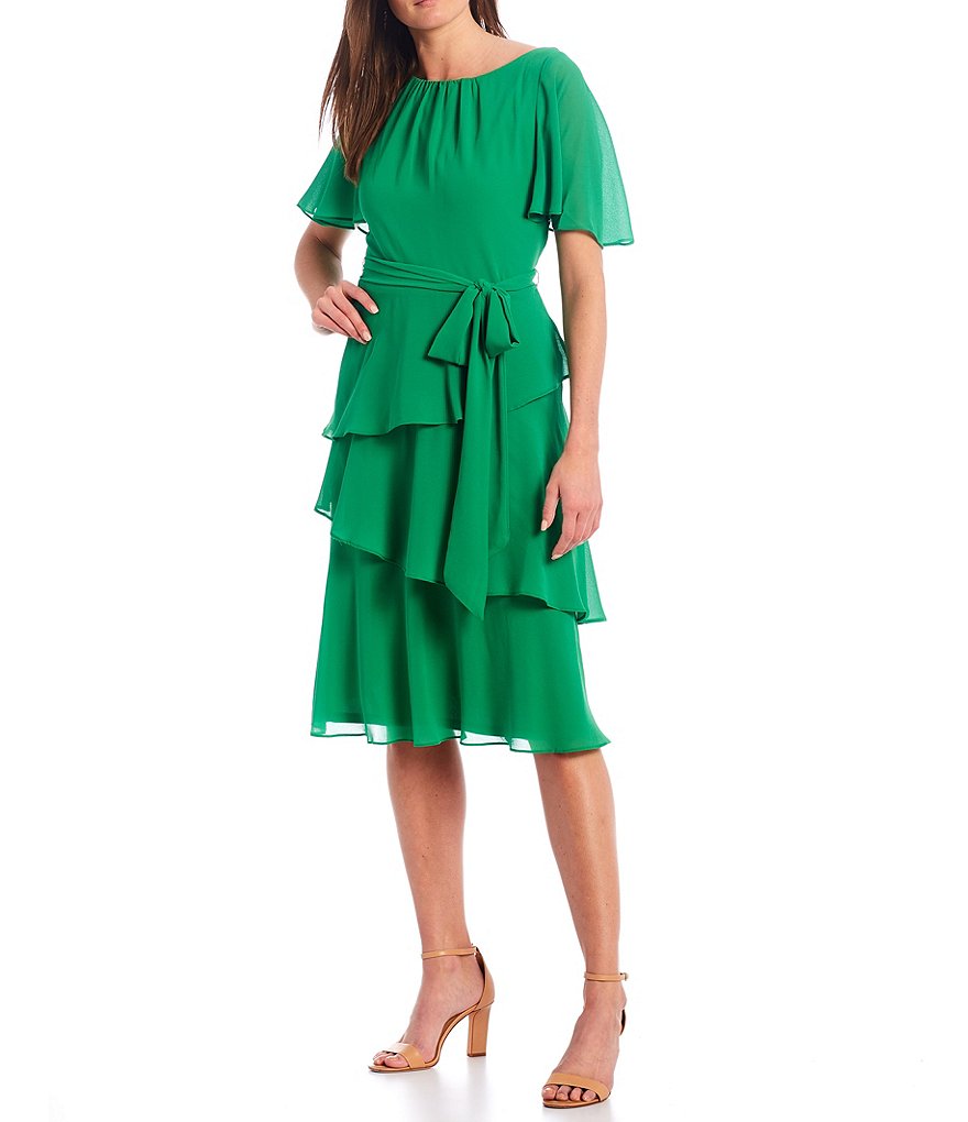 Jessica Howard Flutter Sleeve Jewel Neck Asymmetrical Tier Belted Dress