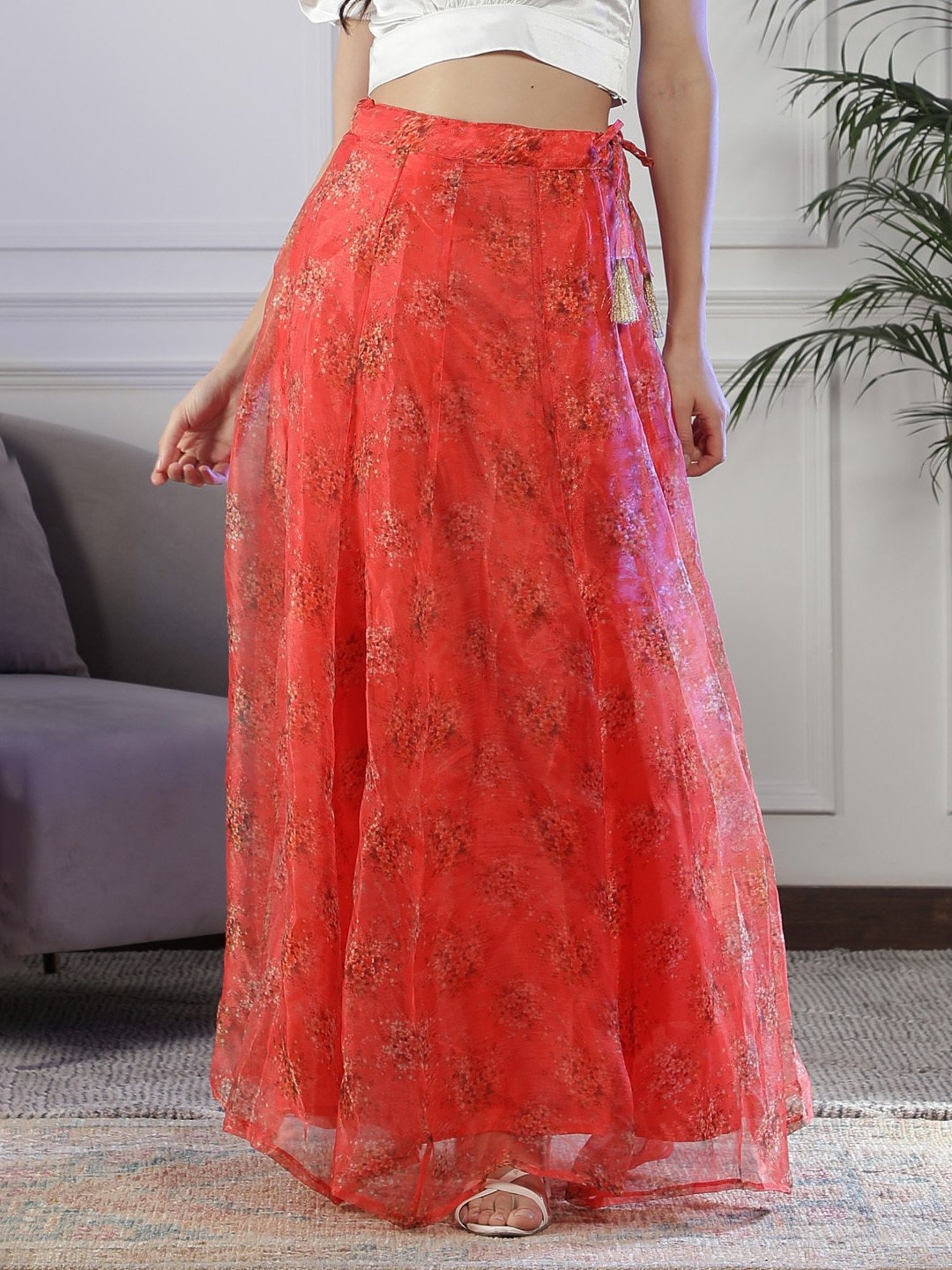 NEUDIS Red Floral Print Maxi Lehenga Skirt