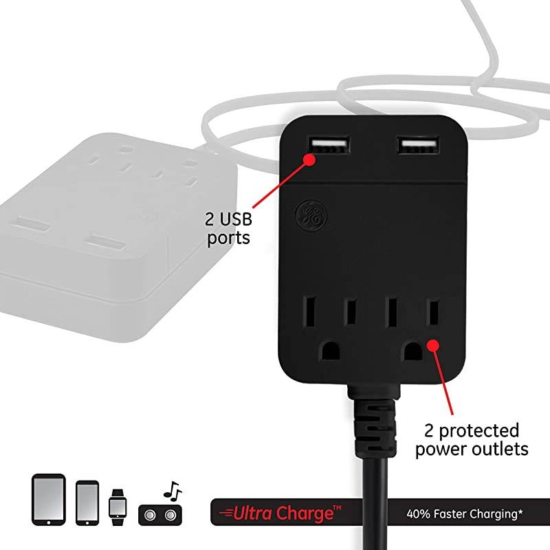 Black Pro Charging Extension Sur Protector 2 Outlets 2 USB Ports 8 Ft Power Cord Flat Plug 250 Joules WallMount 37680