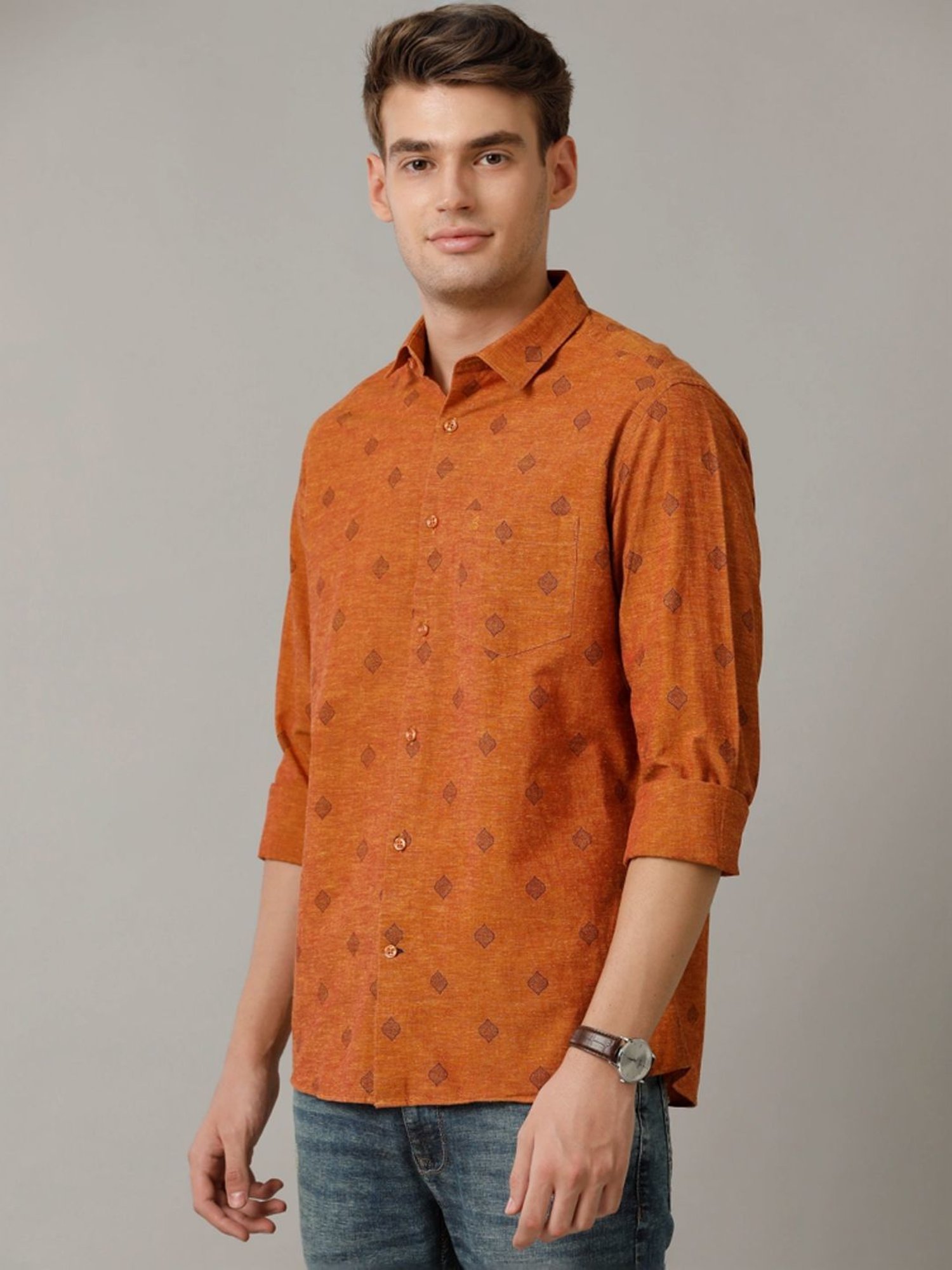 Cavallo By Linen Club Orange Linen Contemporary Fit Printed Shirt