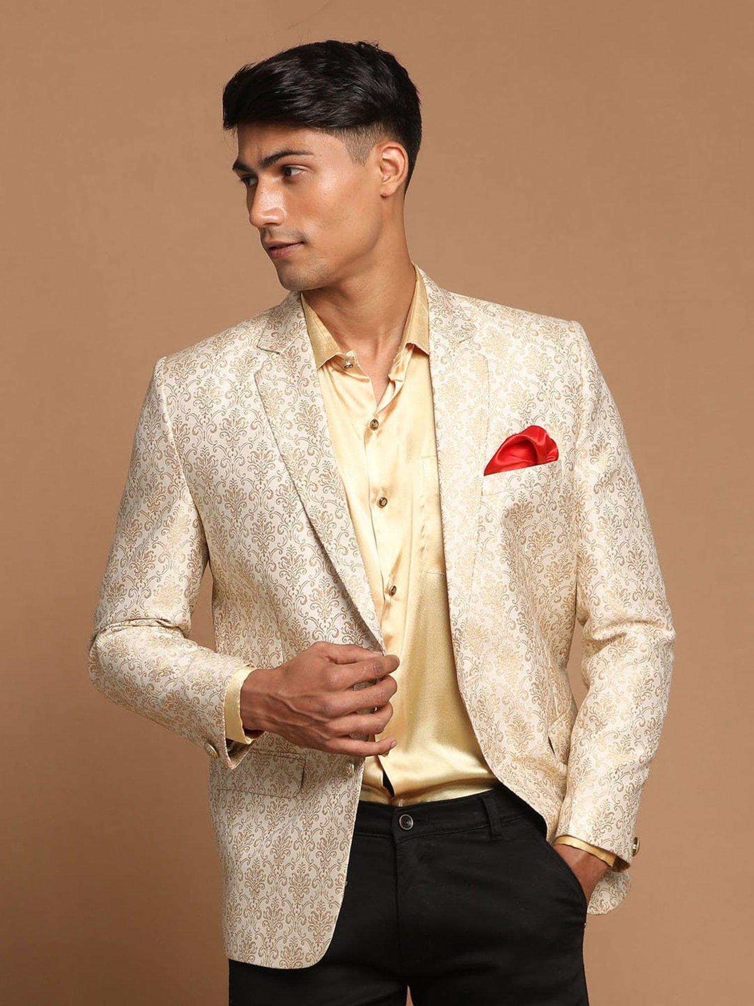 VASTRAMAY Gold & Beige Regular Fit Self Design Ethnic Blazer