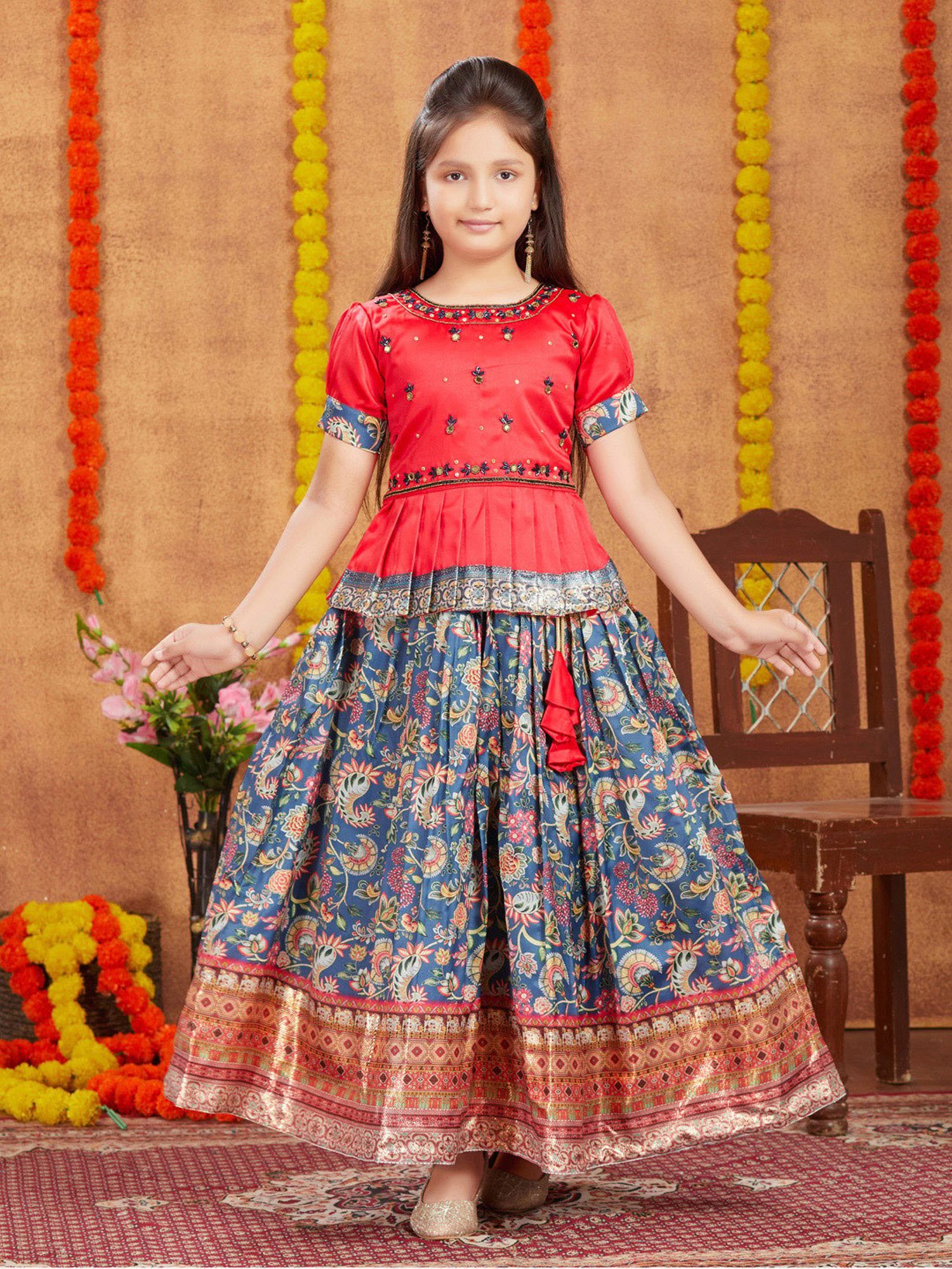 A Little Fable Kids Blue Printed Lehenga with Choli & Dupatta