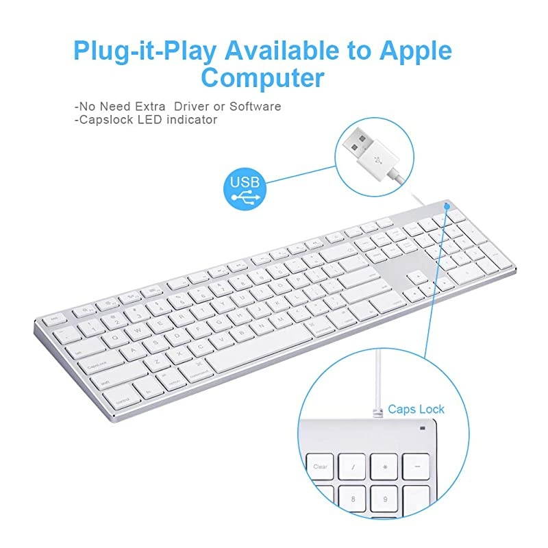 Wired Keyboard for Apple Mac Aluminum Full Size Computer Keyboard with Numeric Keypad Compatible with Magic iMac MacBook ProAir Laptop and PCWhite