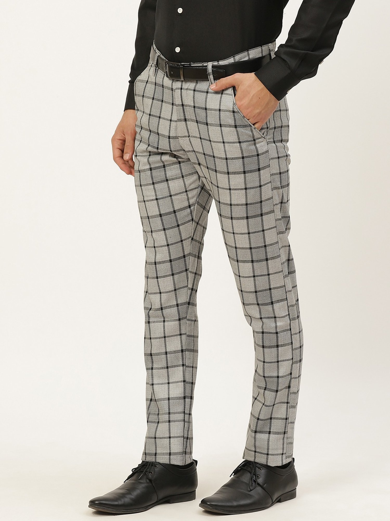 Sojanya Grey Cotton Regular Slim Fit Checks Flat Front Trousers