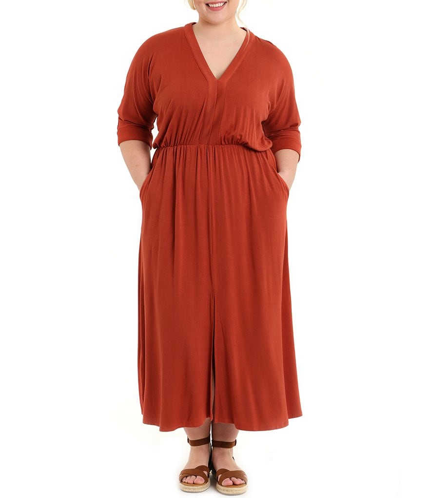 London Times Plus Size V-Neck Dolman 3/4 Sleeve Kaftan Maxi Dress