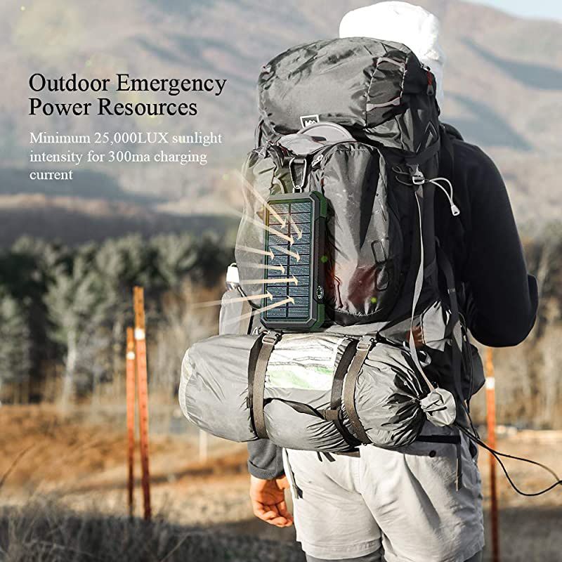 Solar Charger Power Bank 18W QC 30 Portable Wireless Charger 10W75W5W with 4 Outputs Dual Inputs 20000mAh External Battery Pack IPX5 Waterproof with Flashlight Compass Dark Green