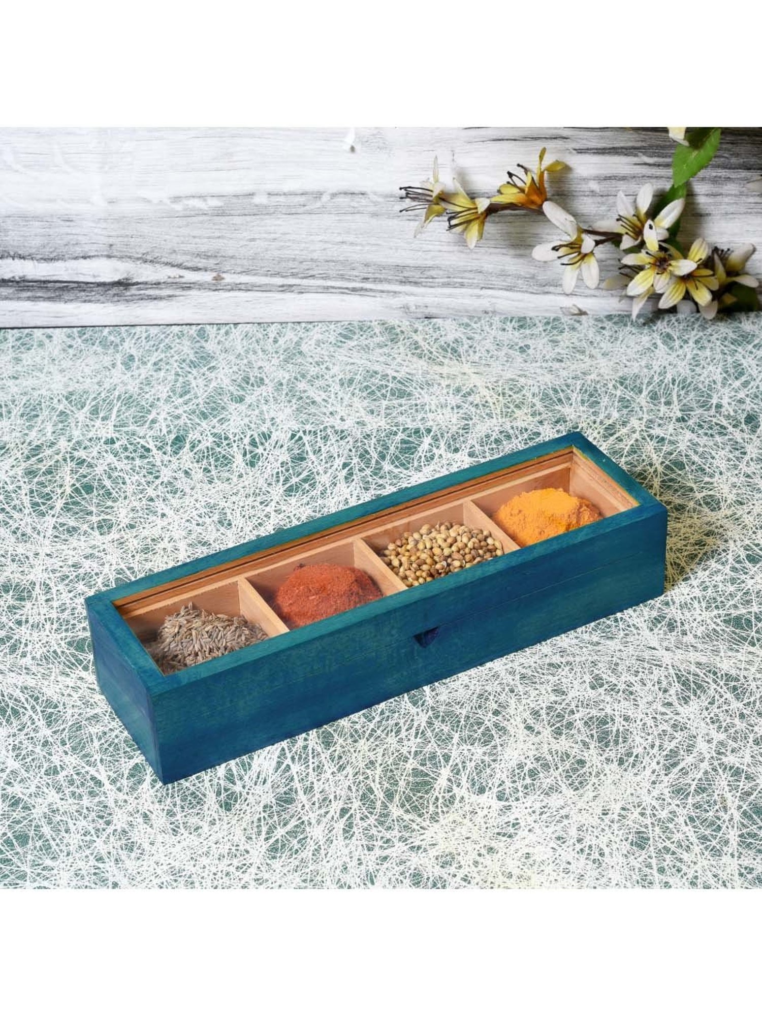 Unravel India Blue & Brown Wood Utility Storage Box - Set of 1