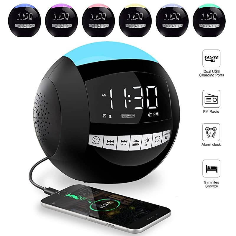 Digital Alarm Clock FM Radio7 Colors LED Night LightDual USB Chargers1224HDSTWhite Digits with Dimmer SnoozePlug in Battery OperatedDesign for Adults Kids Heavy Sleeper Elderly Bedroom
