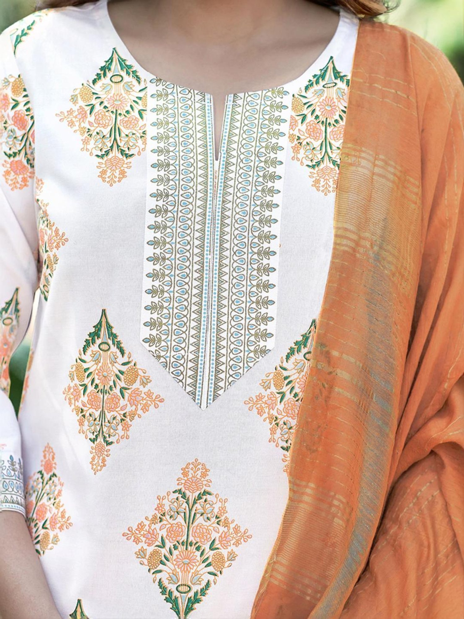 Skylee White & Orange Printed Kurta Pant Set With Dupatta
