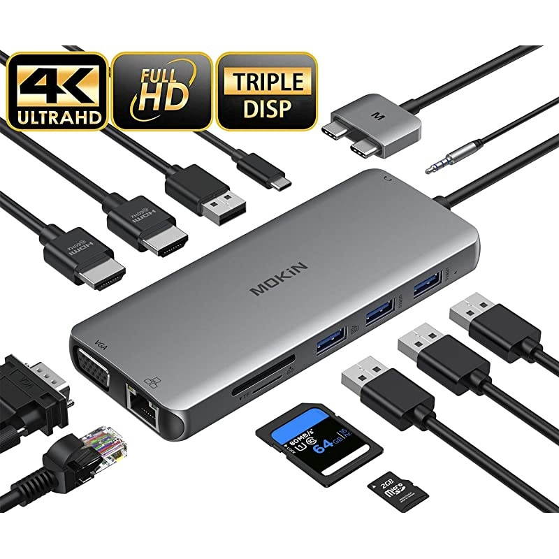 Pro Docking Station Dual Monitor Pro HDMI Adapter,12 in 1 USB C Adapters for Pro Air Mac HDMI Dock Dongle Dual USB C to Dual HDMI VGA Ethernet AUX 4USB SD/TF100W PD
