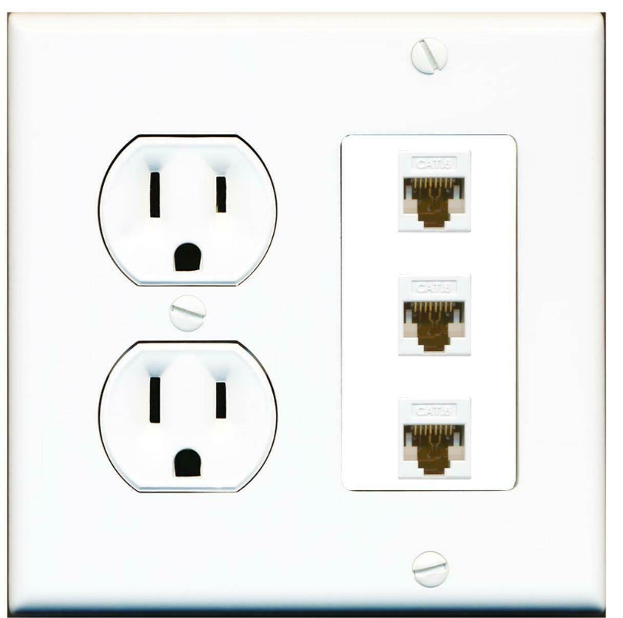 15 Amp Round Power Outlet 3 Port Cat6 Ethernet Coupler Wall Plate White