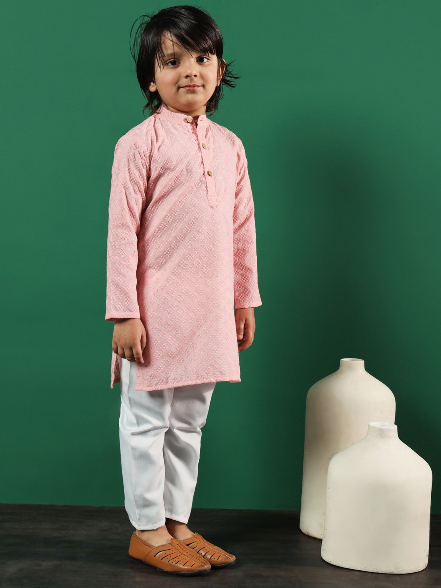 READIPRINT FASHIONS Kids Pink & White Embroidered Full Sleeves Kurta with Pyjamas